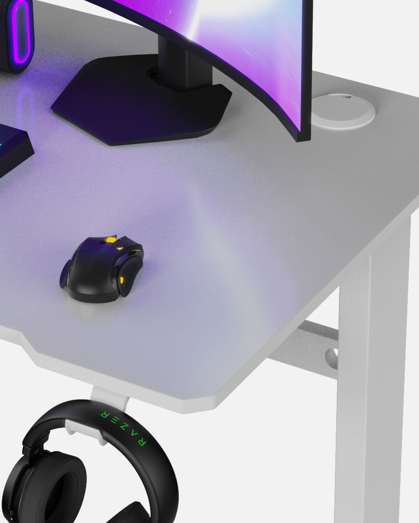 Core 120 Gaming Desk | LEDs, Headphone & Drink Mounts (Carbon Fibre White, 120cm) Gaming Desk - Gaming