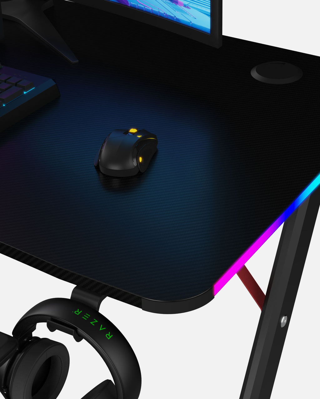 Essentials 120 Gaming Desk | LEDs, Headphone & Drink Mounts (Carbon Fibre Black, 120cm) - Outlet Outlet Products - Marcel Olsen