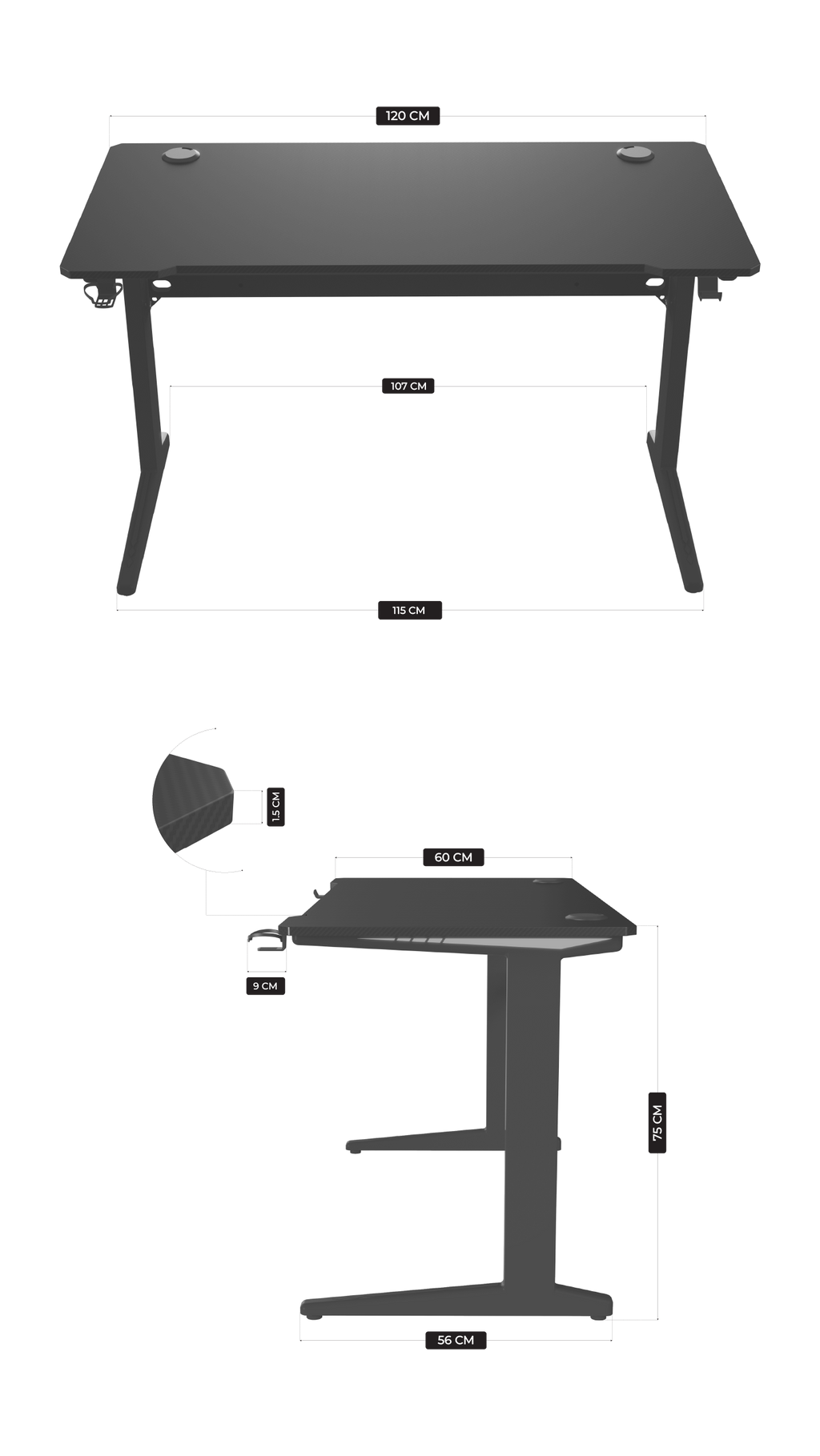 Core 120 Gaming Desk | LEDs, Headphone & Drink Mounts (Carbon Fibre Black, 120cm) - Outlet