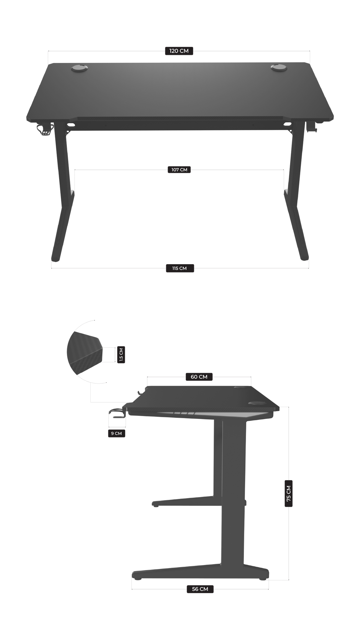 Core 120 Gaming Desk | LEDs, Headphone & Drink Mounts (Carbon Fibre Black, 120cm) - Outlet