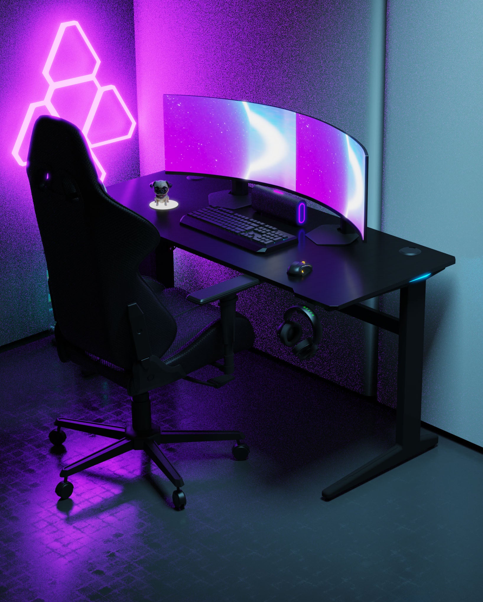 Core 140 Gaming Desk | LEDs, Headphone & Drink Mounts (Carbon Fibre Black, 140cm) Gaming Desk - Gaming