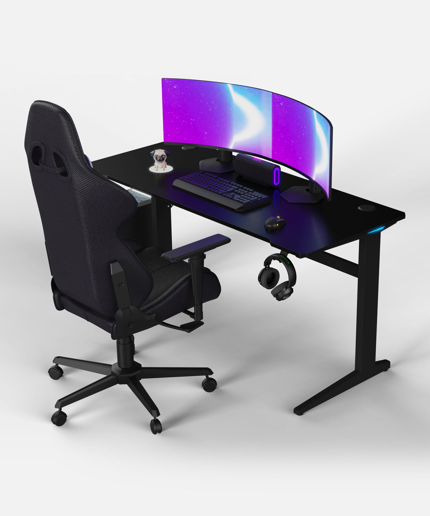 Core 140 Gaming Desk | LEDs, Headphone & Drink Mounts (Carbon Fibre Black, 140cm) Gaming Desk - Gaming