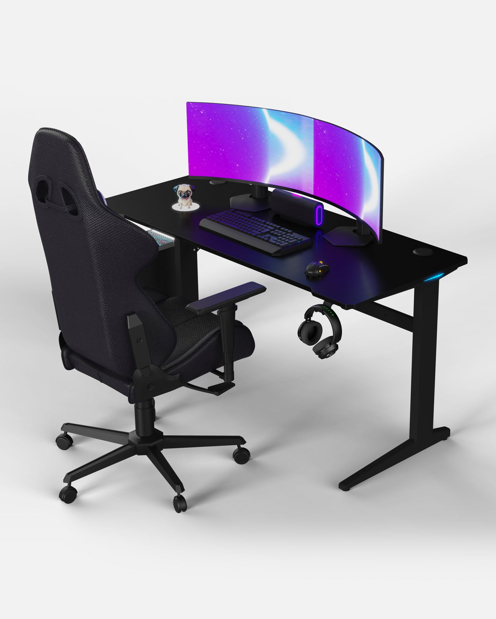 Core 140 Gaming Desk | LEDs, Headphone & Drink Mounts (Carbon Fibre Black, 140cm) Gaming Desk - Gaming
