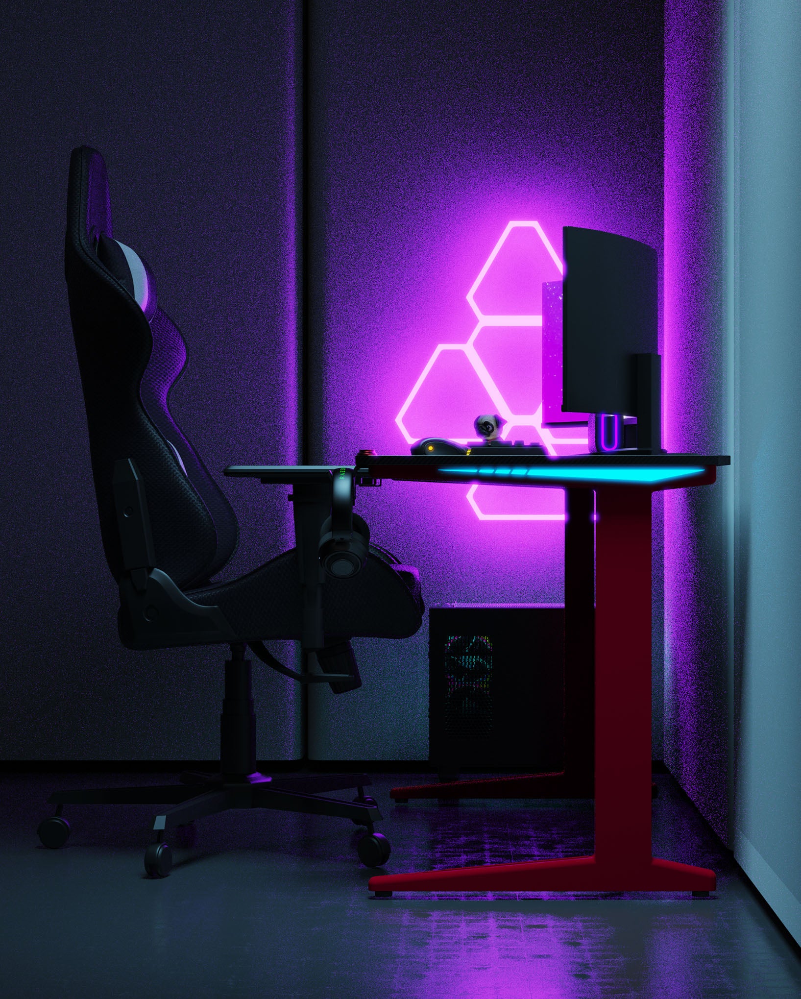Core 140 Gaming Desk | LEDs, Headphone & Drink Mounts (Carbon Fibre Red, 140cm) Gaming Desk - Gaming
