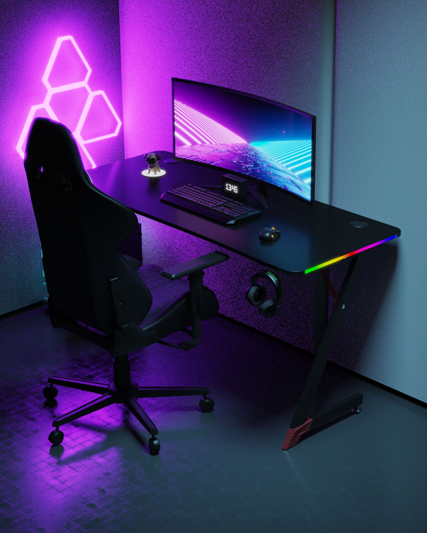 Essentials 140 Gaming Desk | LEDs, Headphone & Drink Mounts (Carbon Fibre Black, 140cm) Gaming Desk - Gaming
