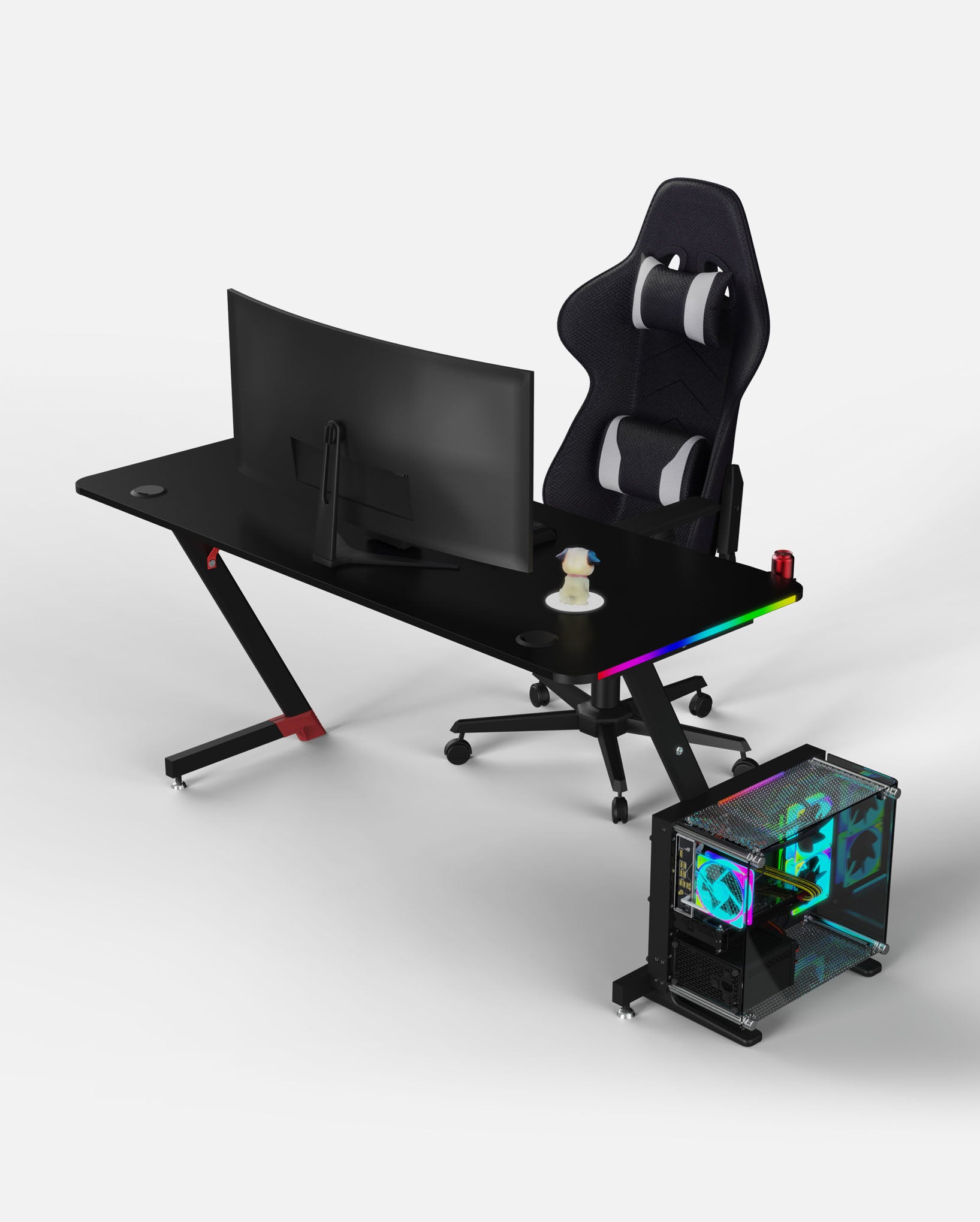 Essentials 140 Gaming Desk | LEDs, Headphone & Drink Mounts (Carbon Fibre Black, 140cm) Gaming Desk - Gaming