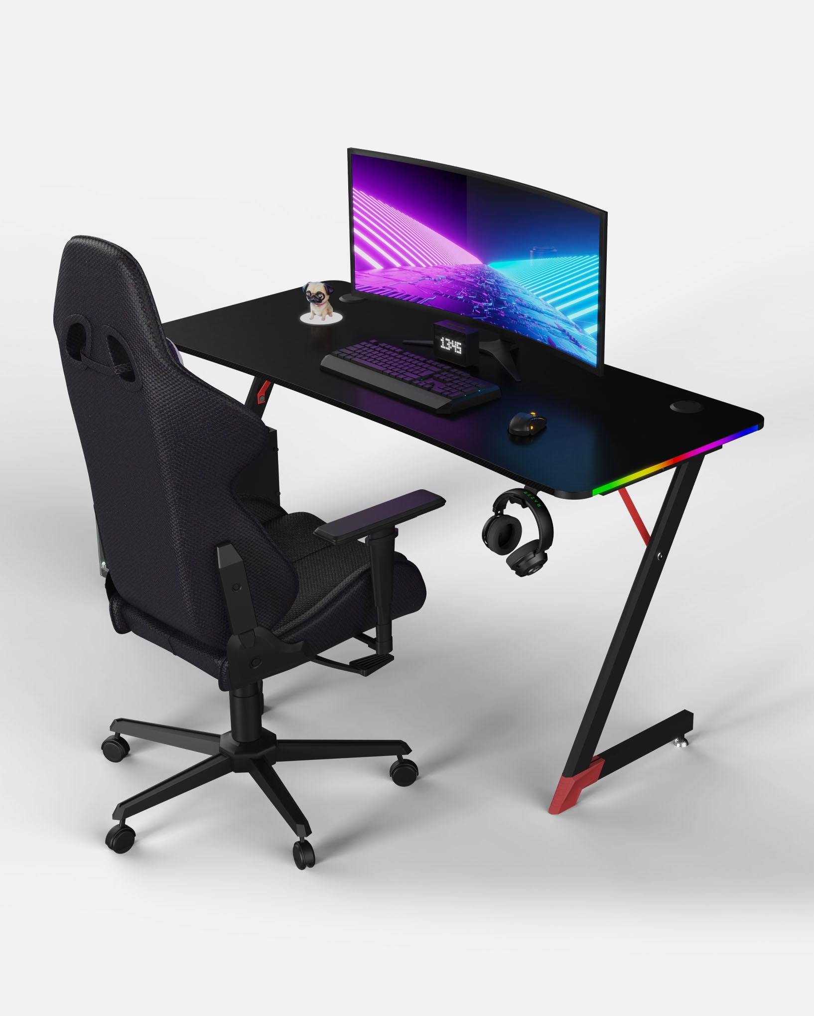 Essentials 140 Gaming Desk | LEDs, Headphone & Drink Mounts (Carbon Fibre Black, 140cm) Gaming Desk - Gaming