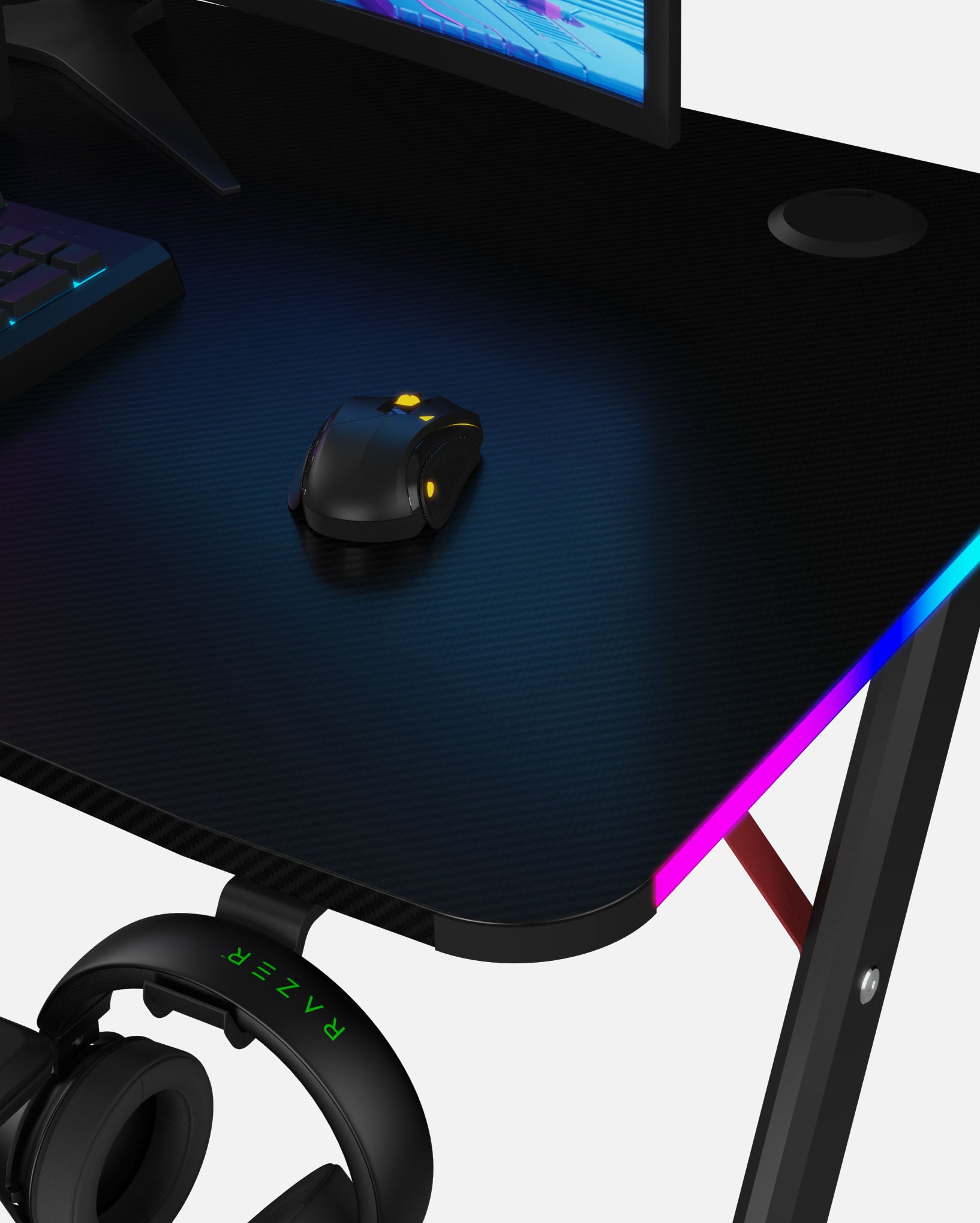 Essentials 140 Gaming Desk | LEDs, Headphone & Drink Mounts (Carbon Fibre Black, 140cm) Gaming Desk - Gaming