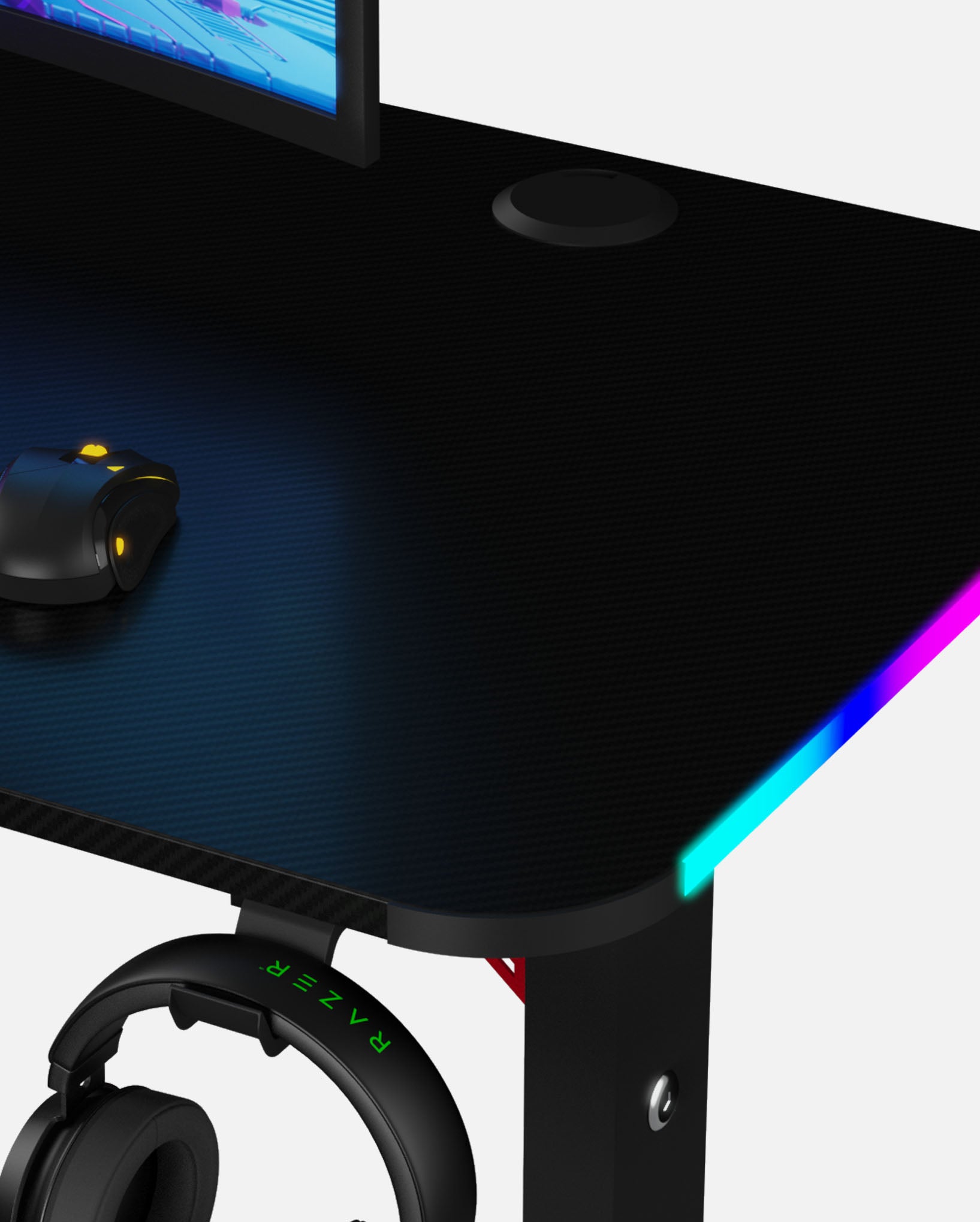 Pro 140 Gaming Desk Corner | LEDs, Headphone & Drink Mounts (Carbon Fibre Black, 140cm) Gaming Desk - Gaming