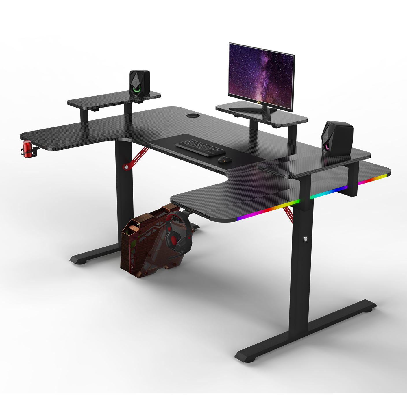 Pro Gaming Desk 160 | LEDs, Headphone & Drink Mounts (Carbon Fibre Black, 180cm) Gaming Desk - Jacob Bek Gaming