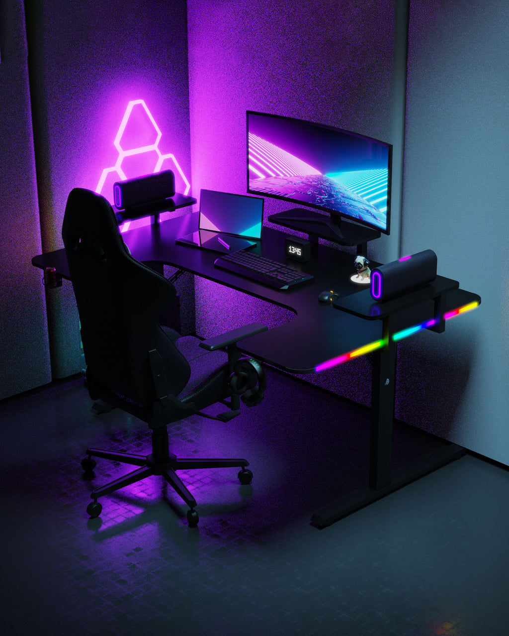 Pro 160 Gaming Desk | LEDs, Headphone & Drink Mounts (Carbon Fibre Black, 160cm) - Outlet Gaming Desk - Marcel Olsen