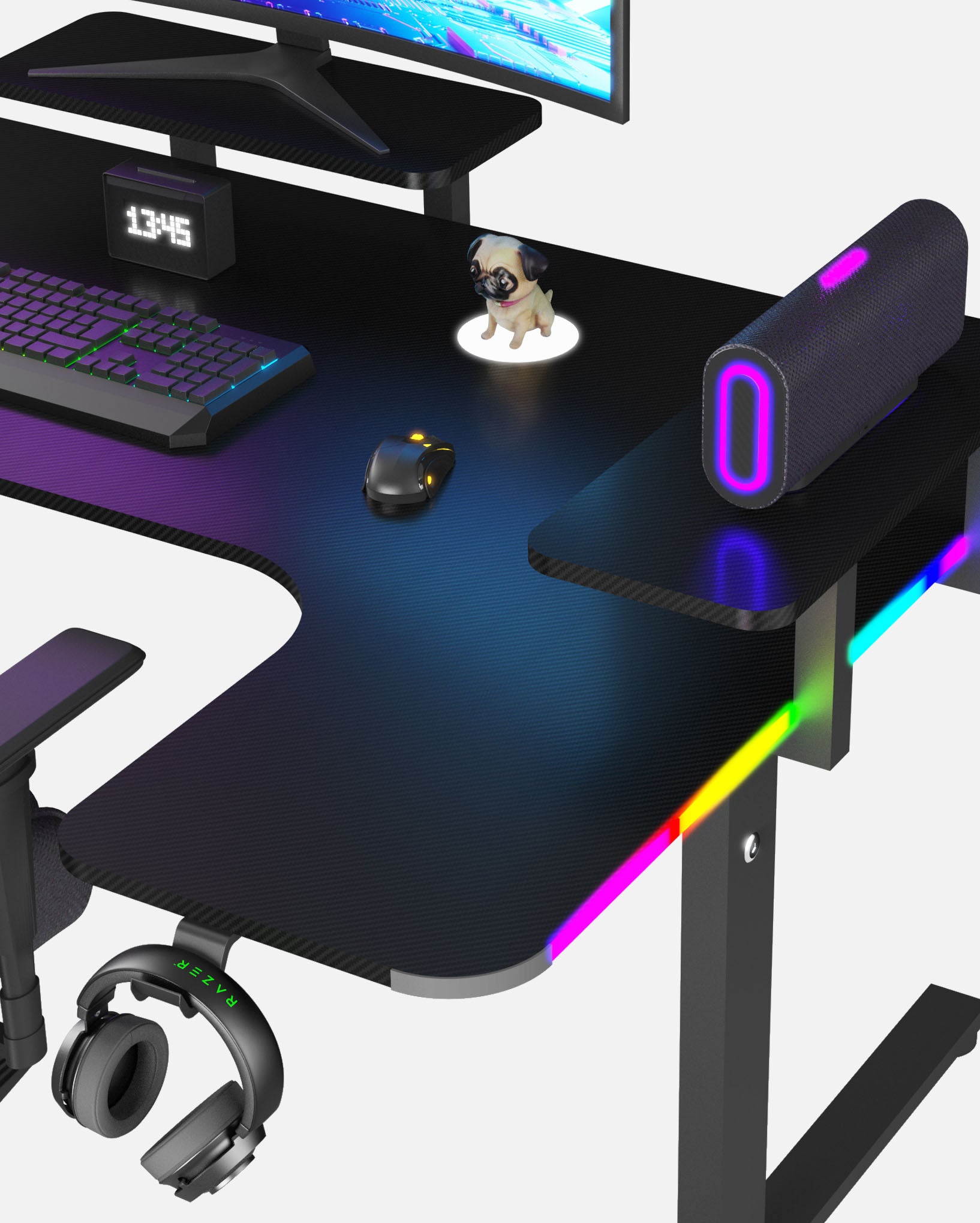 Pro 160 Gaming Desk | LEDs, Headphone & Drink Mounts (Carbon Fibre Black, 160cm) Gaming Desk - Gaming