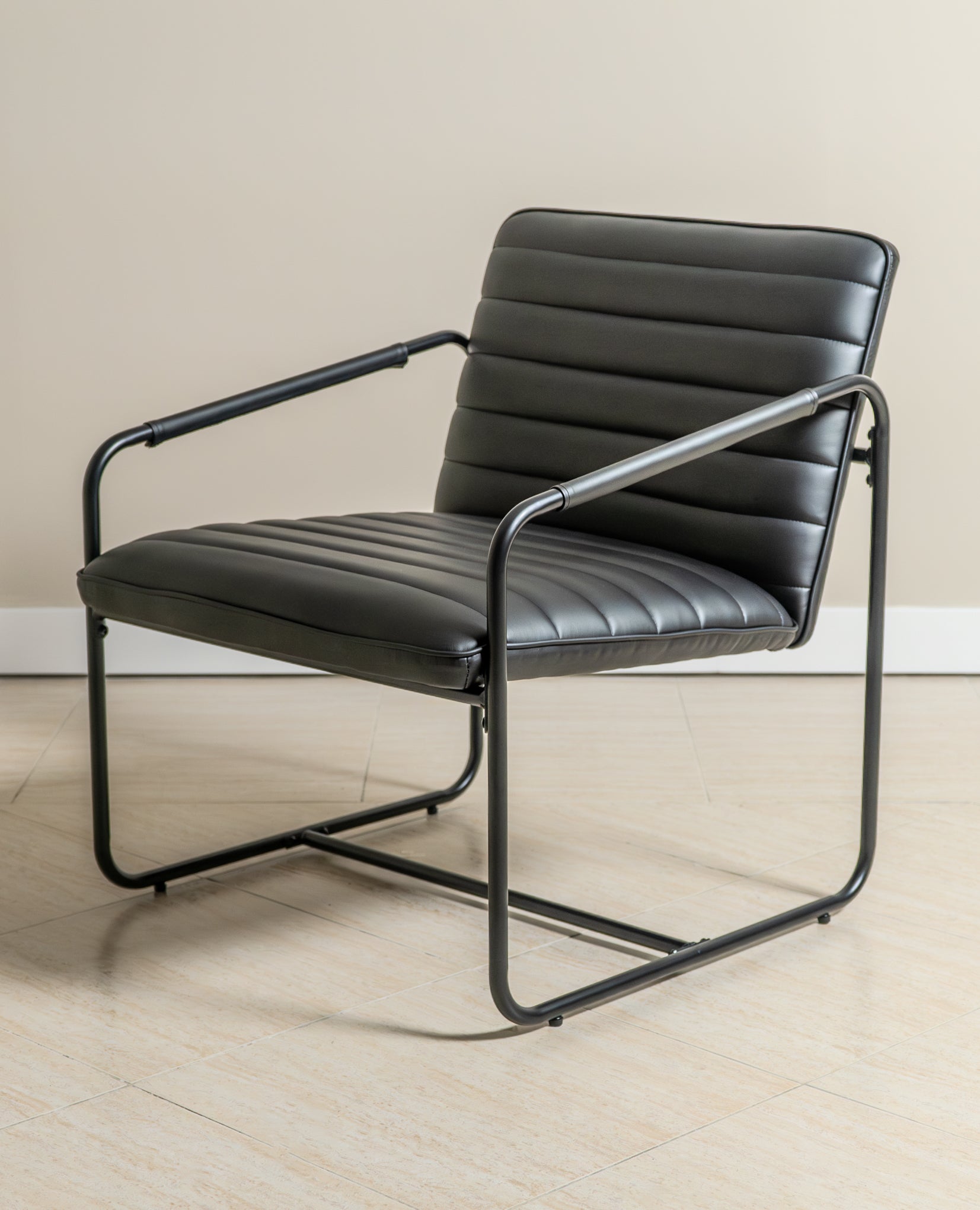 Berria Armchair Metal & Vegan Leather (Ebony Black) – Modern Industrial Ribbed Lounge Chair - Marcel Olsen
