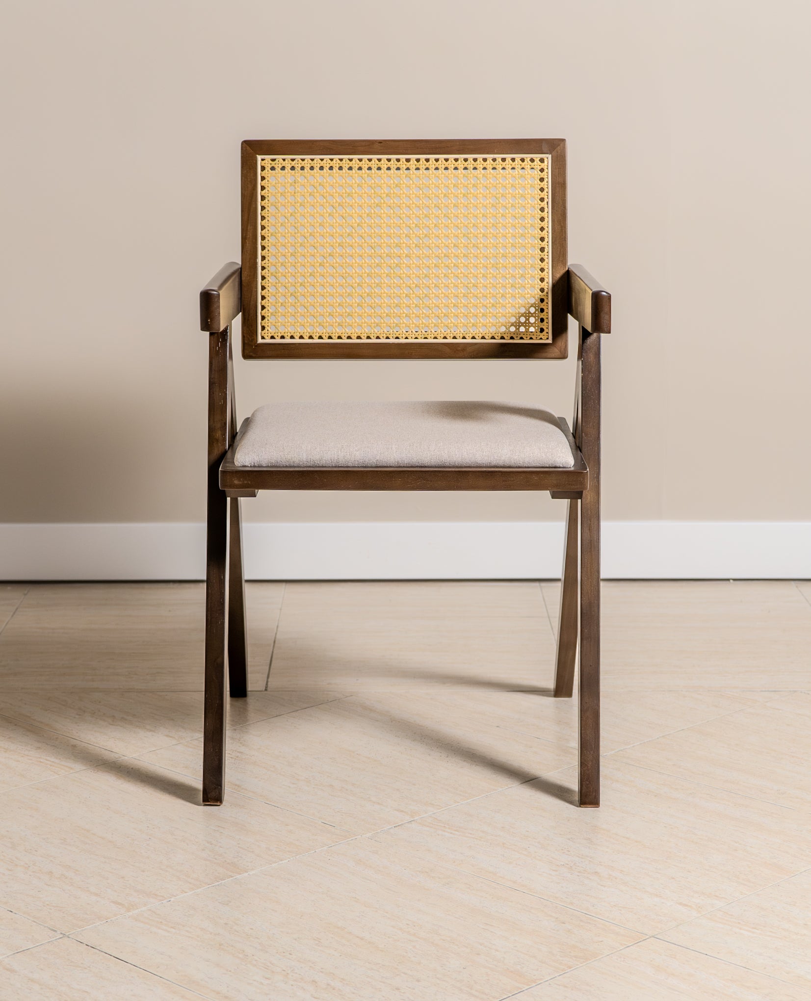 Chiva Rattan & Wood Dining Chair (Chestnut) – Rustic Boho Upholstered Chair with Armrests - (4 Units) (Outlet) - Marcel Olsen