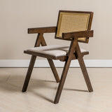 Chiva Rattan & Wood Dining Chair (Chestnut) – Rustic Boho Upholstered Chair with Armrests - Marcel Olsen