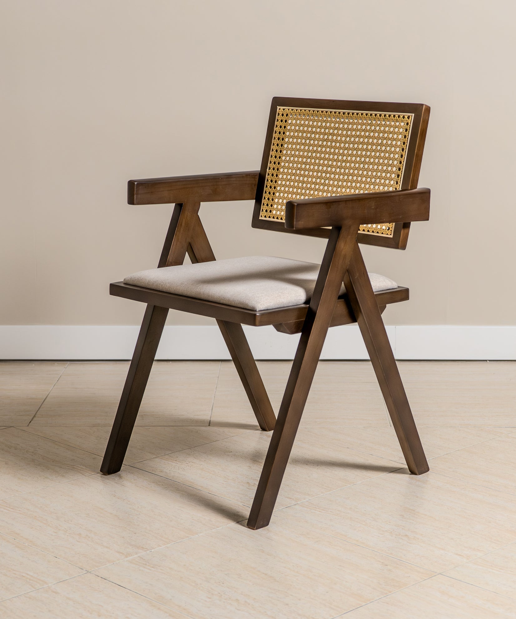 Chiva Rattan & Wood Dining Chair (Chestnut) – Rustic Boho Upholstered Chair with Armrests - Marcel Olsen
