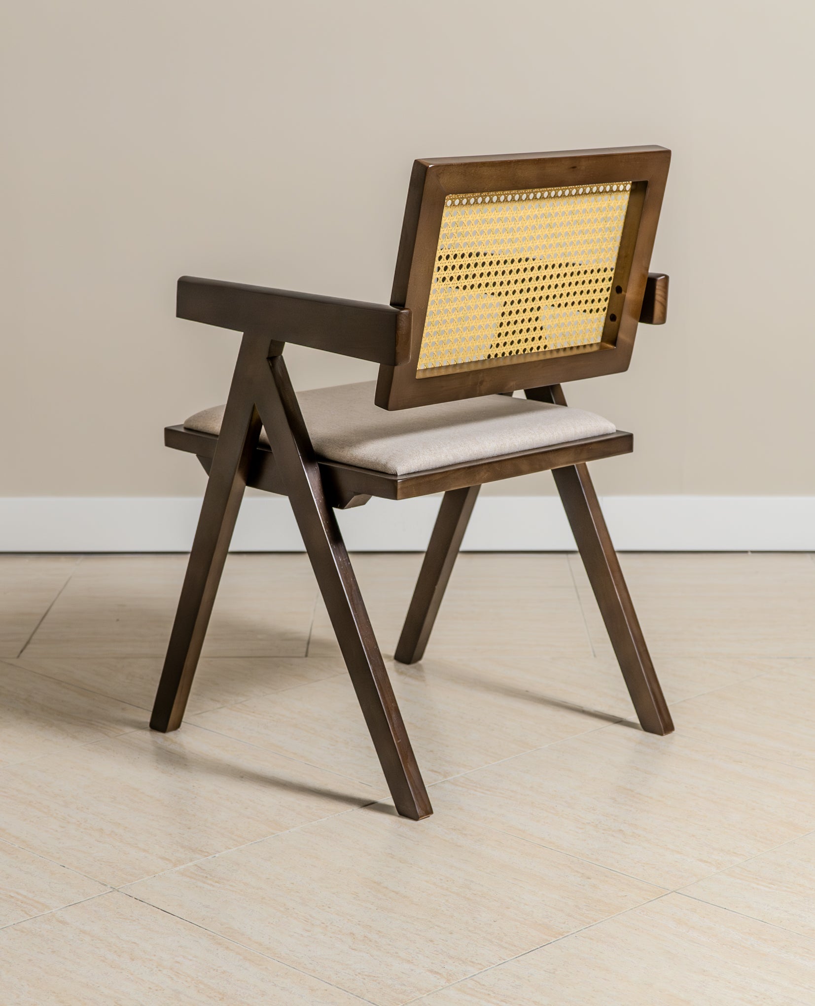 Chiva Rattan & Wood Dining Chair (Chestnut) – Rustic Boho Upholstered Chair with Armrests - (4 Units) (Outlet) - Marcel Olsen