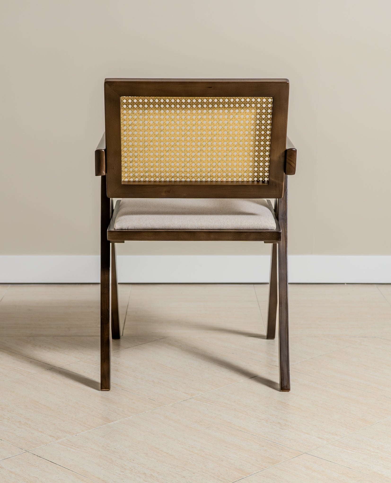Chiva Rattan & Wood Dining Chair (Chestnut) – Rustic Boho Upholstered Chair with Armrests - (4 Units) (Outlet) - Marcel Olsen