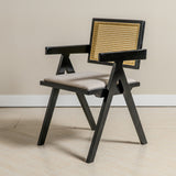 Chiva Rattan & Wood Dining Chair (Ebony) – Rustic Boho Upholstered Chair with Armrests - Marcel Olsen