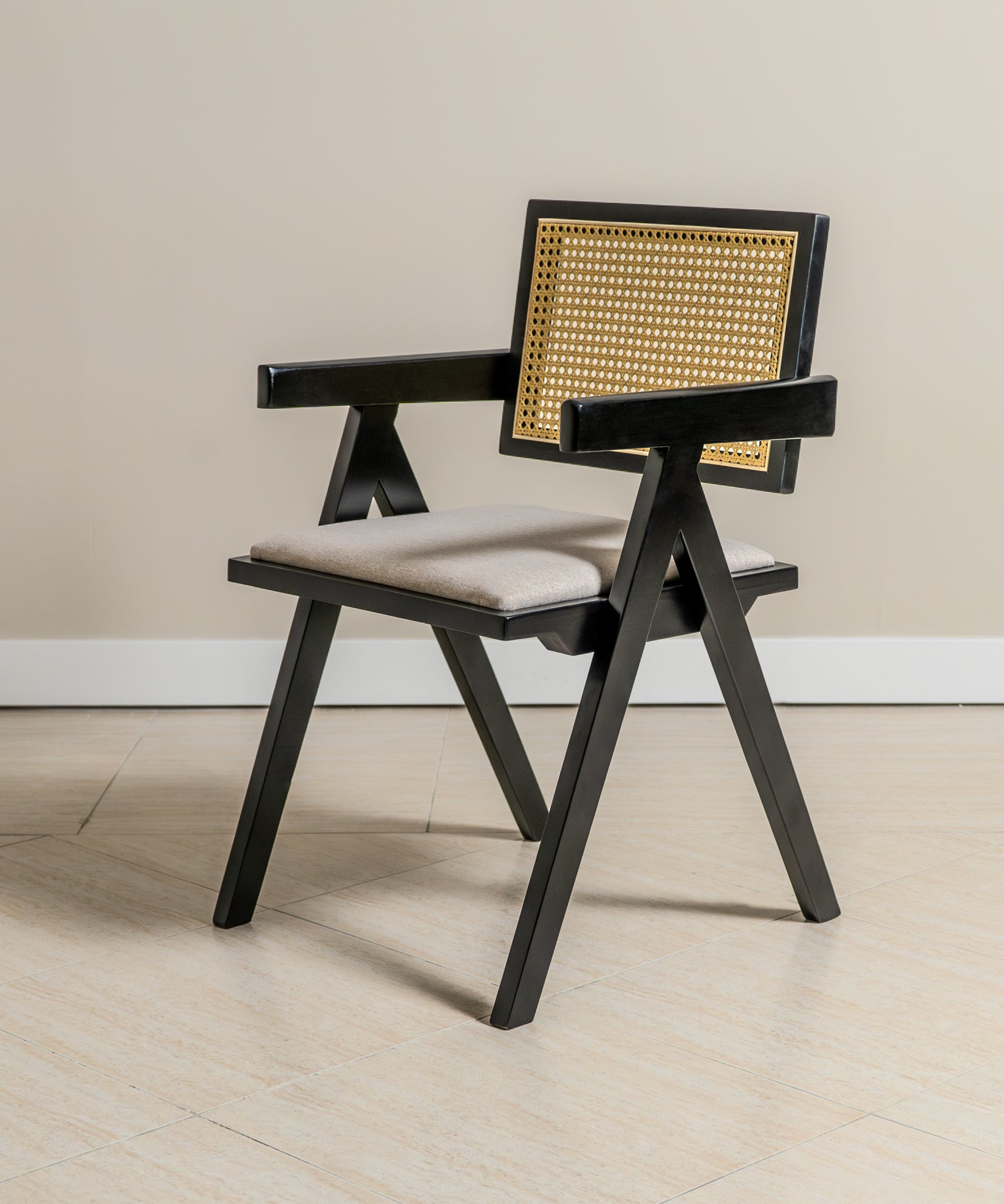 Chiva Rattan & Wood Dining Chair (Ebony) – Rustic Boho Upholstered Chair with Armrests - Marcel Olsen