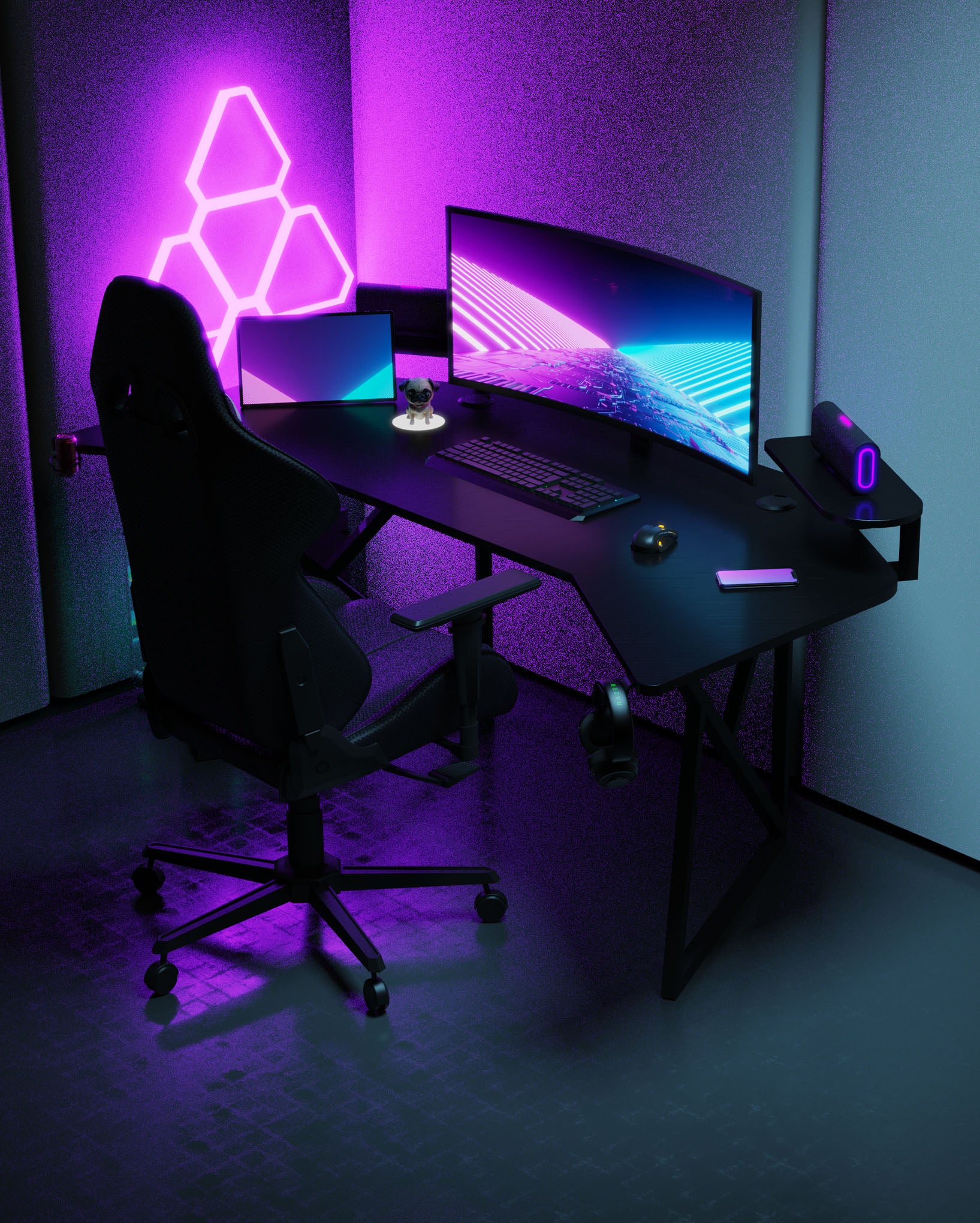 Pro 180 Gaming Desk Corner | Headphone & Drink Mounts (Carbon Fibre Black, 180cm) Gaming Desk - Gaming
