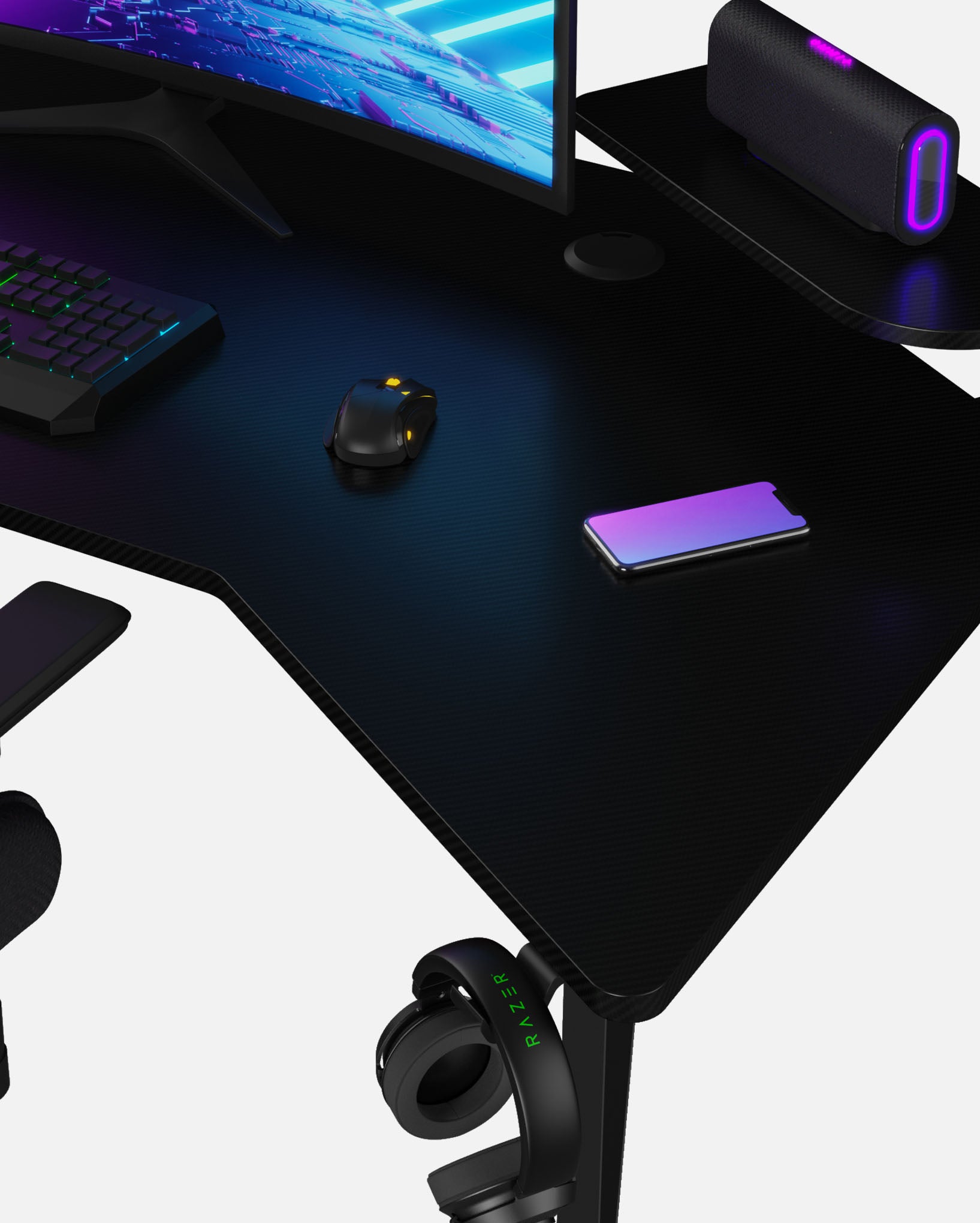 Pro 180 Gaming Desk Corner | Headphone & Drink Mounts (Carbon Fibre Black, 180cm) Gaming Desk - Gaming