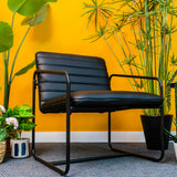 Berria Armchair Metal & Vegan Leather (Ebony Black) – Modern Industrial Ribbed Lounge Chair - Marcel Olsen