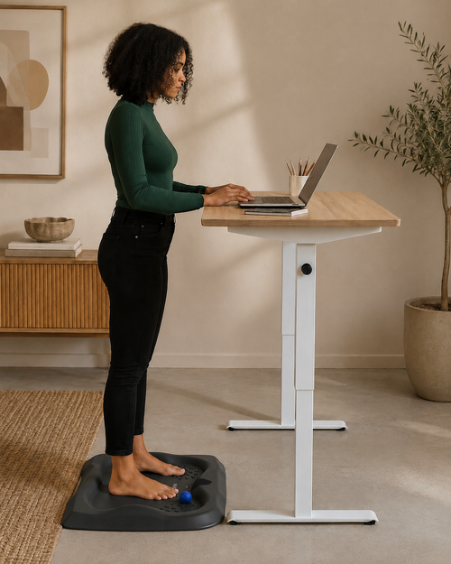 Anti-fatigue standing mat and massage ball in use at a standing desk.