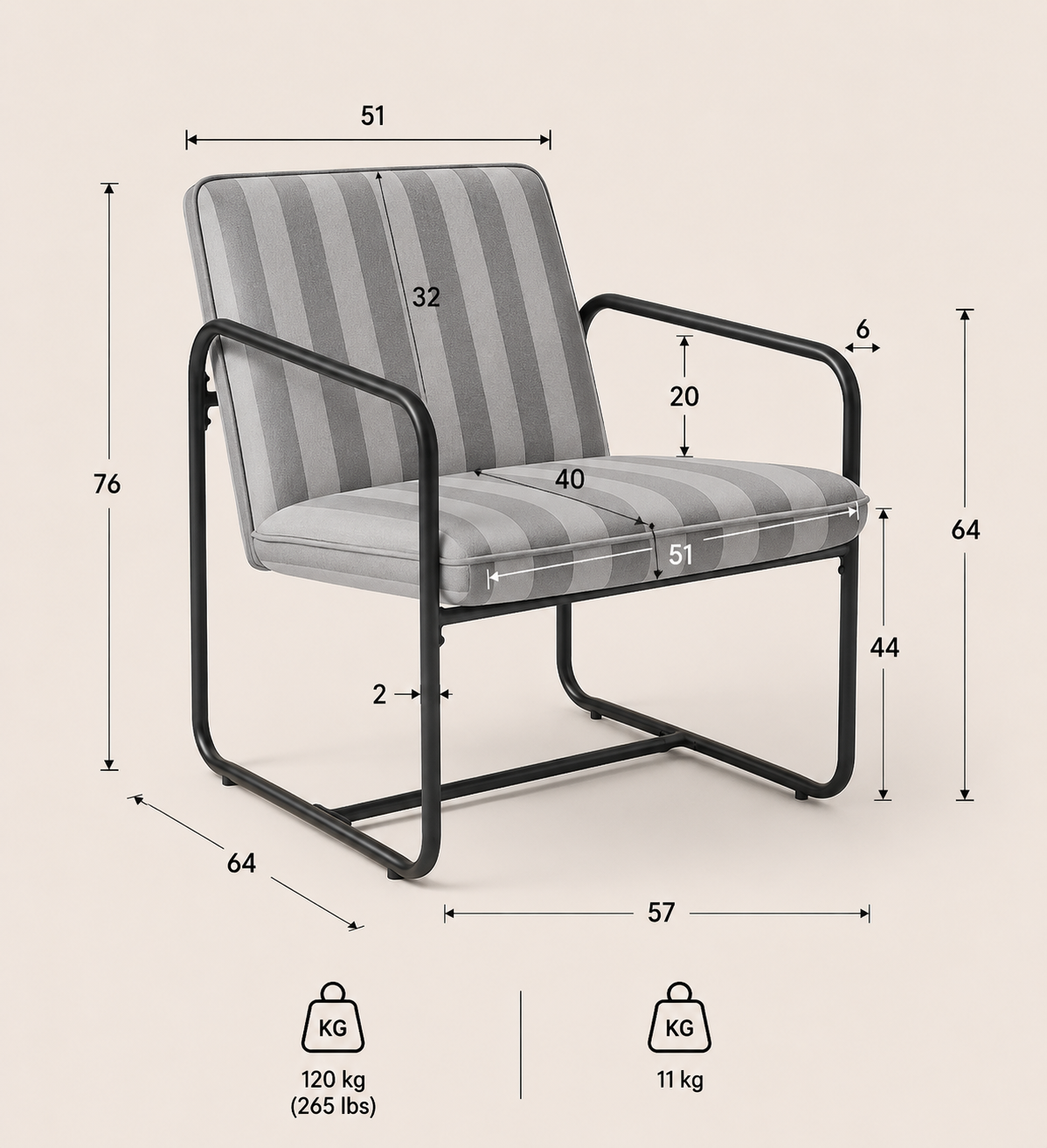 Berria Armchair Metal & Striped Fabric (Natural Sand) – Outlet - Marcel Olsen
