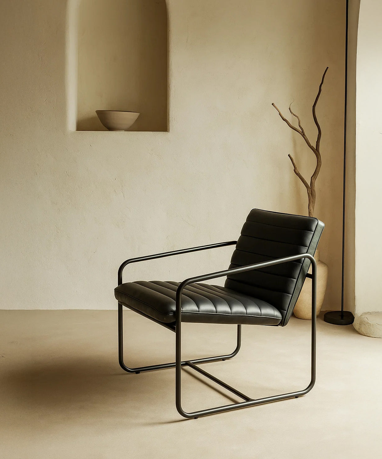 Berria Armchair Metal & Vegan Leather (Ebony Black) – Modern Industrial Ribbed Lounge Chair - Marcel Olsen