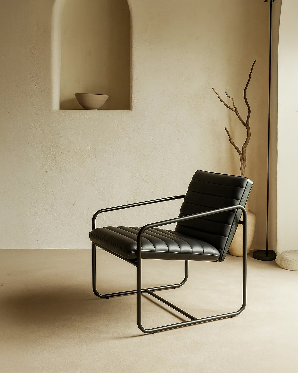 Berria Armchair Metal & Vegan Leather (Ebony Black) – Modern Industrial Ribbed Lounge Chair - Marcel Olsen