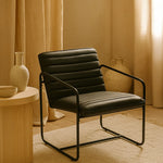 Berria Armchair Metal & Vegan Leather (Ebony Black) – Modern Industrial Ribbed Lounge Chair - Marcel Olsen