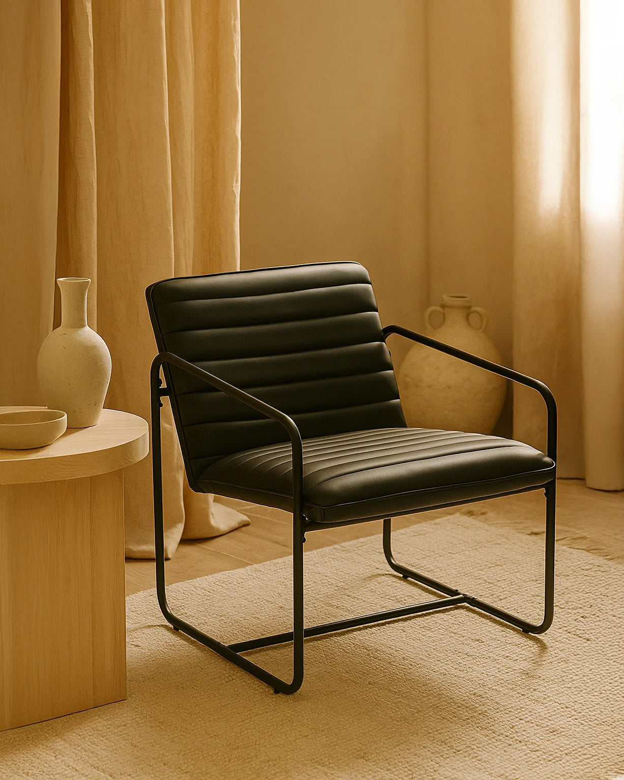 Berria Armchair Metal & Vegan Leather (Ebony Black) – Modern Industrial Ribbed Lounge Chair - Marcel Olsen