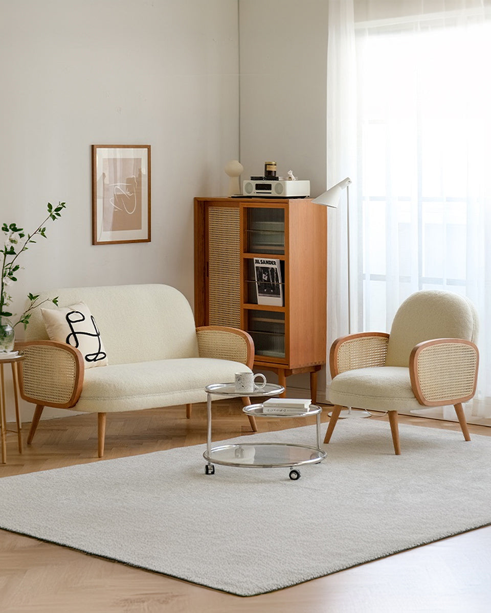 Boho Upholstered Rattan Sofa (Natural Beige Fabric) – Bohemian Style 2 Seater Sofa - Marcel Olsen
