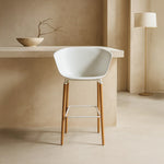 Casco Modern Bar Stool Armchair (Arctic White) – Scandinavian Style Shell Stool with Wooden Legs & Armrests (68cm) (4 Units) Outlet Products - Marcel Olsen
