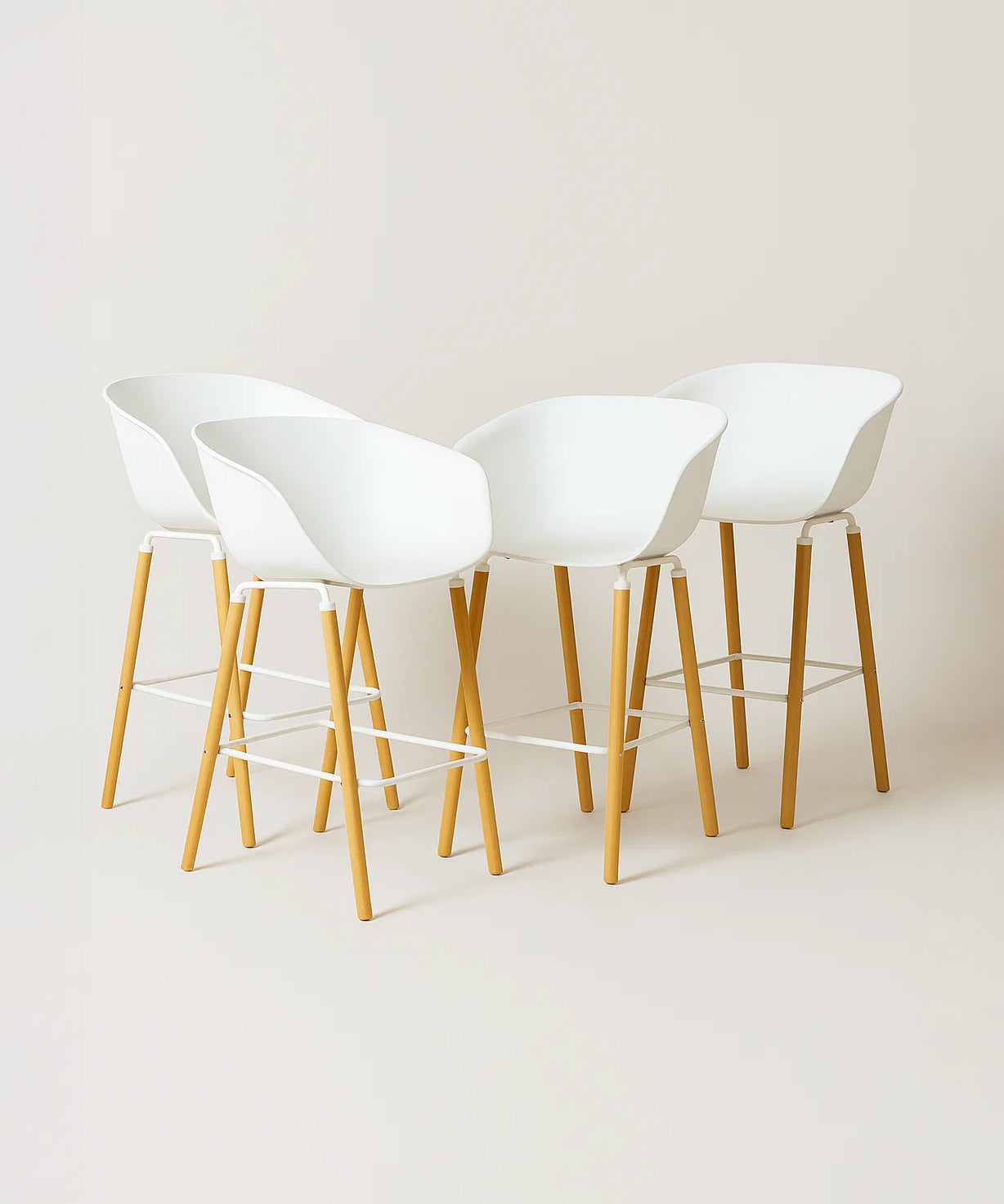 Casco Modern Bar Stool Armchair (Arctic White) – Scandinavian Style Shell Stool with Wooden Legs & Armrests (68cm) (4 Units) Outlet Products - Marcel Olsen