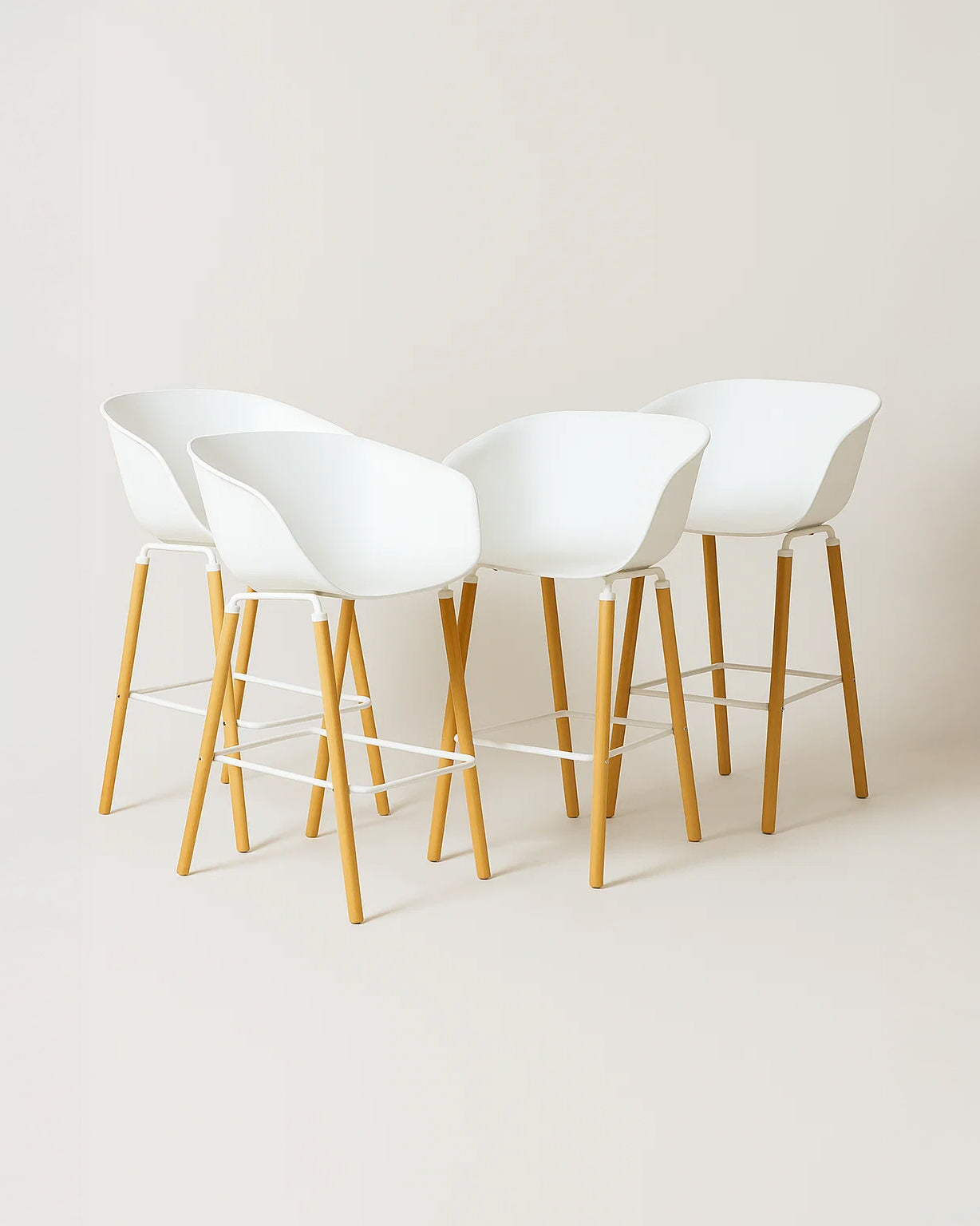 Casco Modern Bar Stool Armchair (Arctic White) – Scandinavian Style Shell Stool with Wooden Legs & Armrests (68cm) (4 Units) Outlet Products - Marcel Olsen