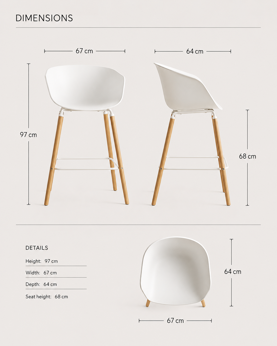 Casco Scandinavian Bar Stool Armchairs – Set of 4 (Arctic White, Seat Height 68cm) – Outlet Outlet Products - Marcel Olsen