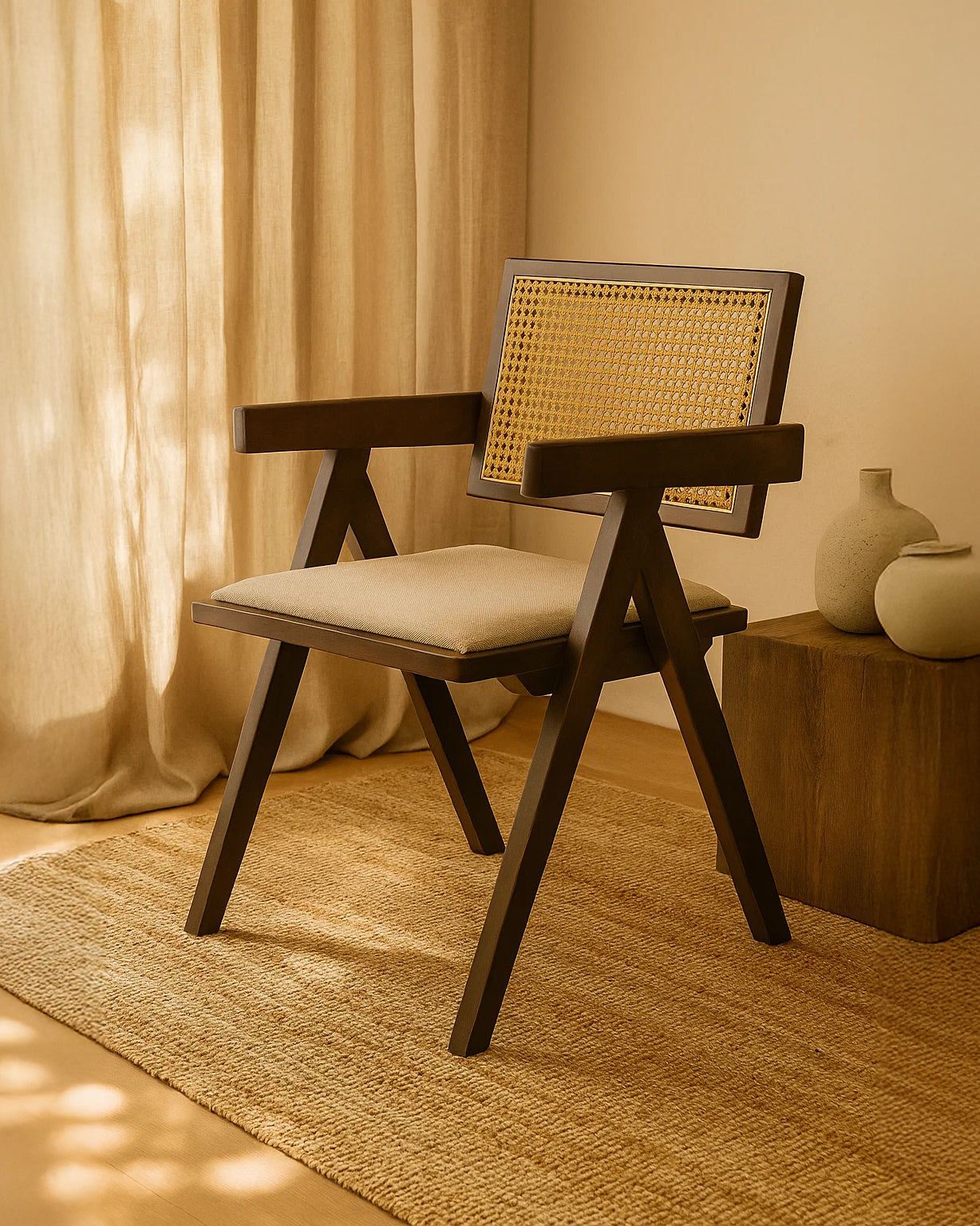 Chiva Rattan & Wood Dining Chair (Chestnut) – Rustic Boho Upholstered Chair with Armrests - Marcel Olsen
