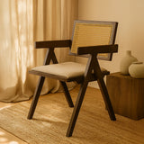 Chiva Rattan & Wood Dining Chair (Chestnut) – Rustic Boho Upholstered Chair with Armrests - Marcel Olsen