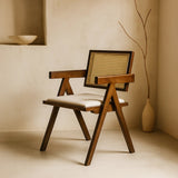 Chiva Rattan & Wood Dining Chair (Chestnut) – Rustic Boho Upholstered Chair with Armrests - Marcel Olsen