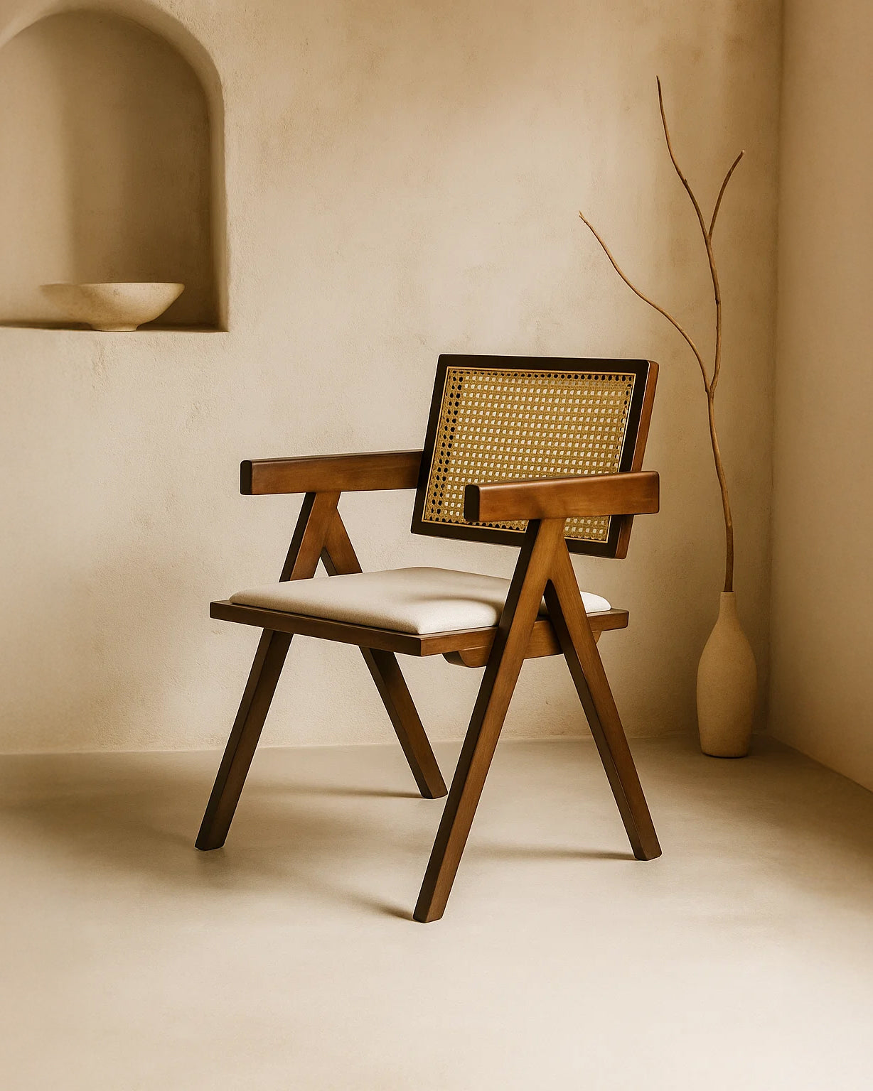 Chiva Rattan & Wood Dining Chair (Chestnut) – Rustic Boho Upholstered Chair with Armrests - Marcel Olsen