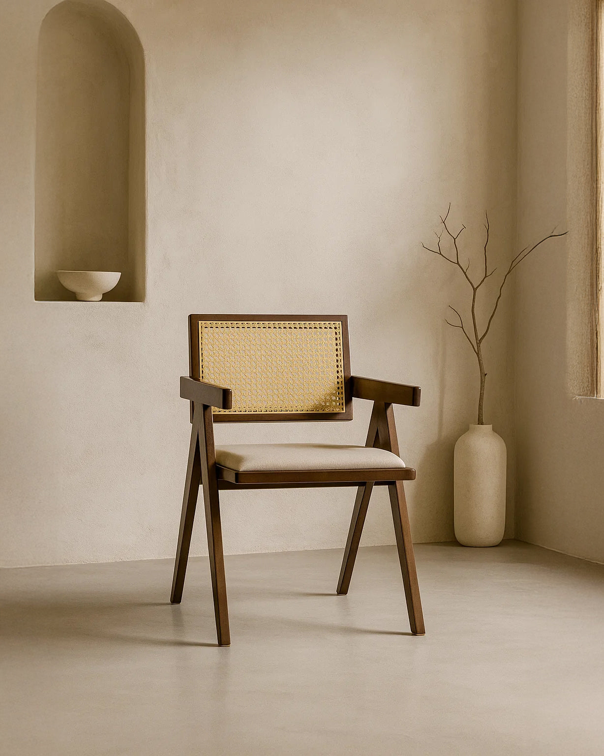 Chiva Rattan & Wood Dining Chair (Chestnut) – Rustic Boho Upholstered Chair with Armrests - Marcel Olsen