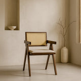 Chiva Rattan & Wood Dining Chair (Chestnut) – Rustic Boho Upholstered Chair with Armrests - Marcel Olsen