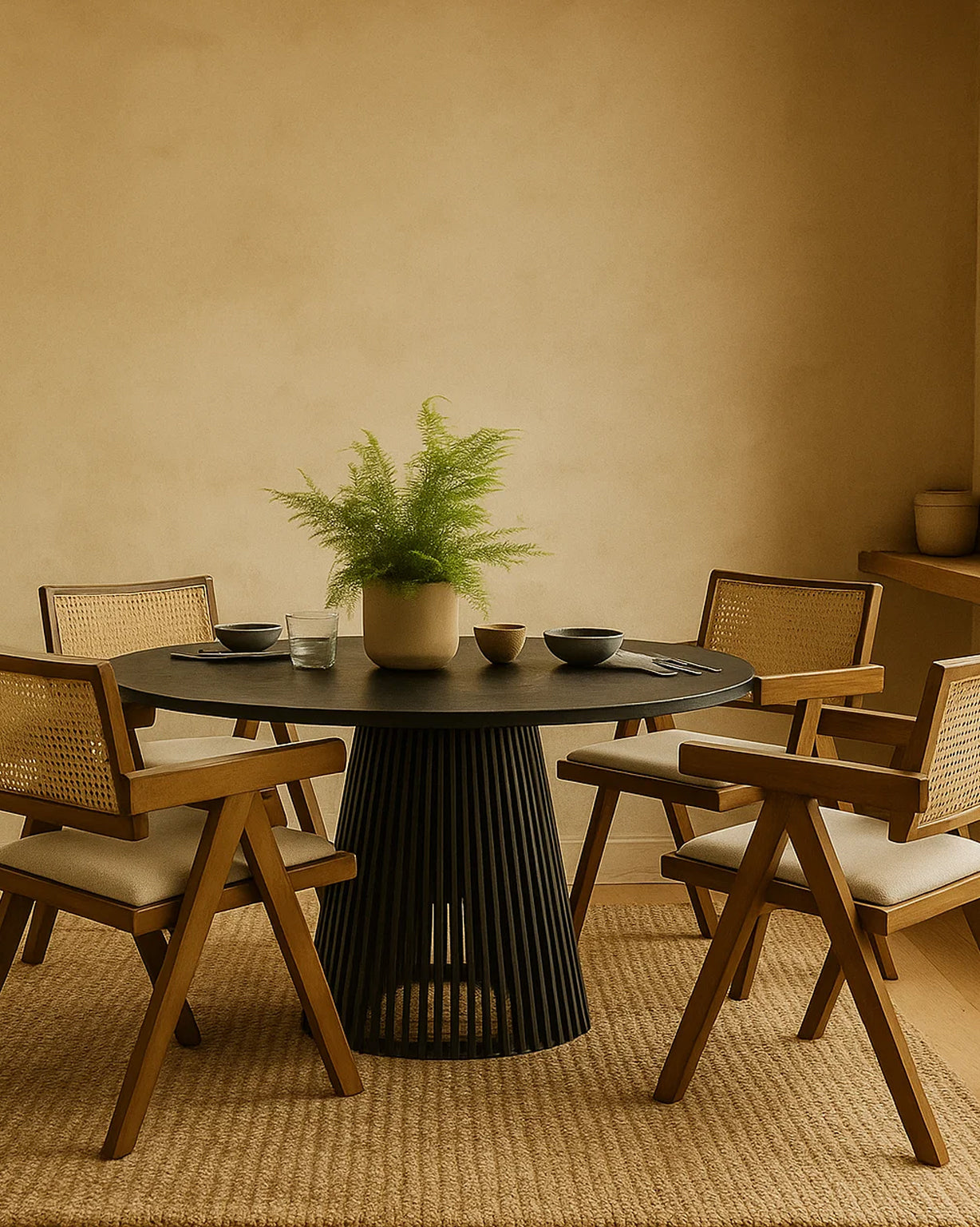 Chiva Rattan & Wood Dining Chair (Chestnut) – Rustic Boho Upholstered Chair with Armrests - Marcel Olsen