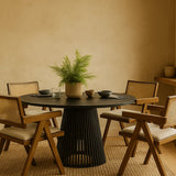 Chiva Rattan & Wood Dining Chair (Chestnut) – Rustic Boho Upholstered Chair with Armrests - Marcel Olsen