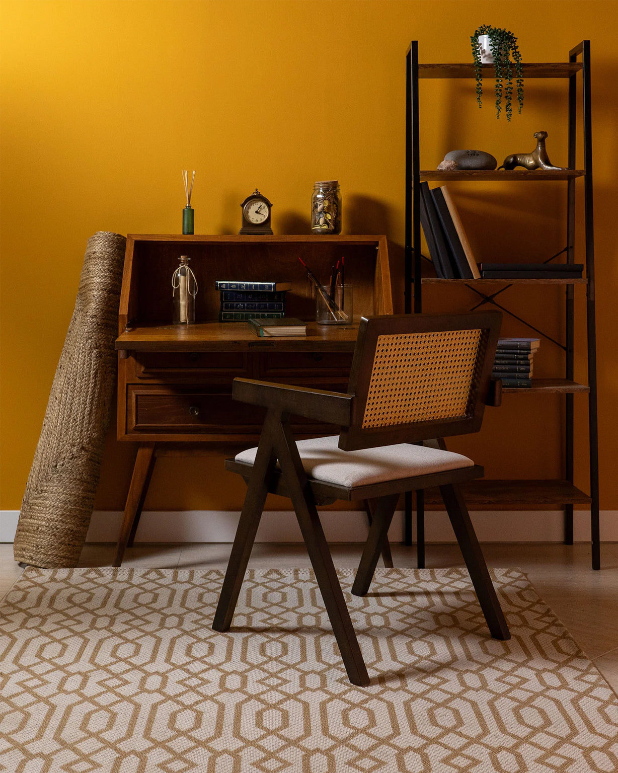 Chiva Rattan & Wood Dining Chair (Chestnut) – Rustic Boho Upholstered Chair with Armrests - Marcel Olsen