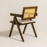 Chiva Rattan & Wood Dining Chair (Chestnut) – Rustic Boho Upholstered Chair with Armrests - Marcel Olsen