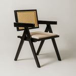 Chiva Rattan & Wood Dining Chair (Ebony) – Rustic Boho Upholstered Chair with Armrests (Outlet) Outlet Products - Marcel Olsen
