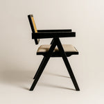 Chiva Rattan & Wood Dining Chair (Ebony) – Rustic Boho Upholstered Chair with Armrests (Outlet) Outlet Products - Marcel Olsen